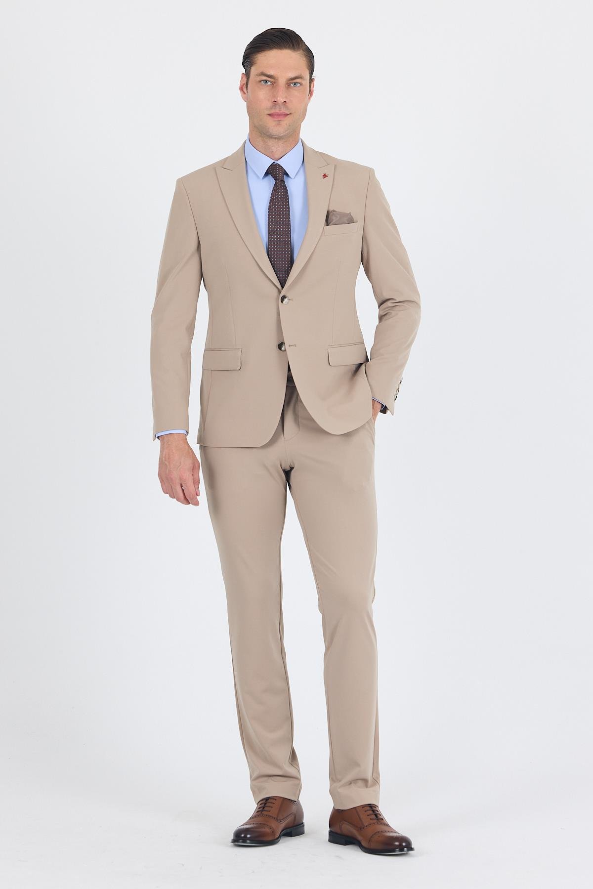 İMZA Koyu Bej Kırlangıç Yaka Kelebek Astar 6 Drop Slim Fit Beli Lastikli Takım Elbise 1001250176