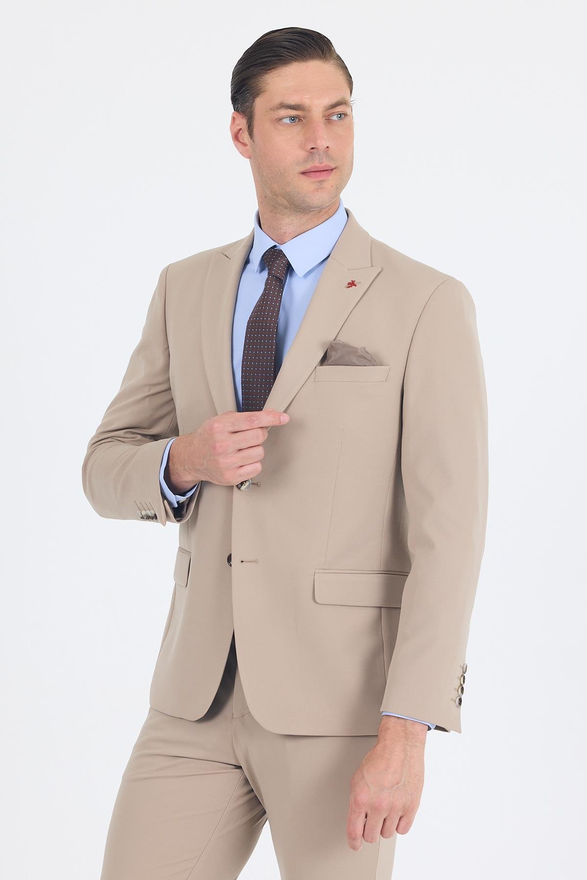 İMZA Koyu Bej Kırlangıç Yaka Kelebek Astar 6 Drop Slim Fit Beli Lastikli Takım Elbise 1001250176 görsel 2