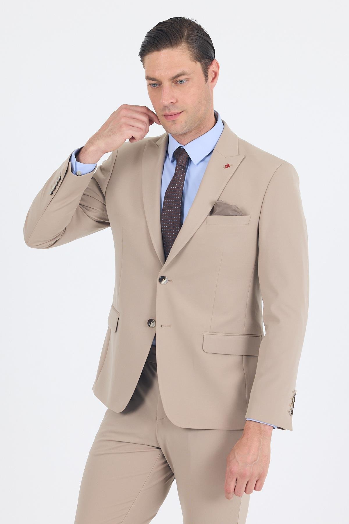 İMZA Koyu Bej Kırlangıç Yaka Kelebek Astar 6 Drop Slim Fit Beli Lastikli Takım Elbise 1001250176 görsel 3