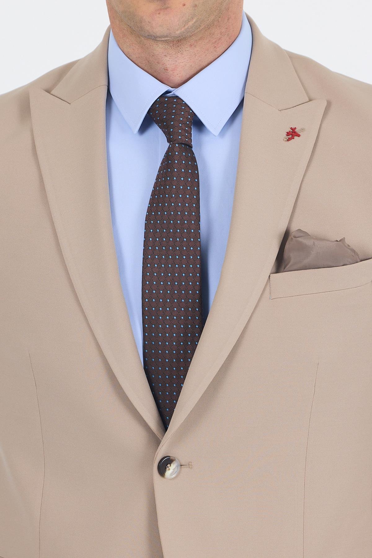 İMZA Koyu Bej Kırlangıç Yaka Kelebek Astar 6 Drop Slim Fit Beli Lastikli Takım Elbise 1001250176 görsel 4