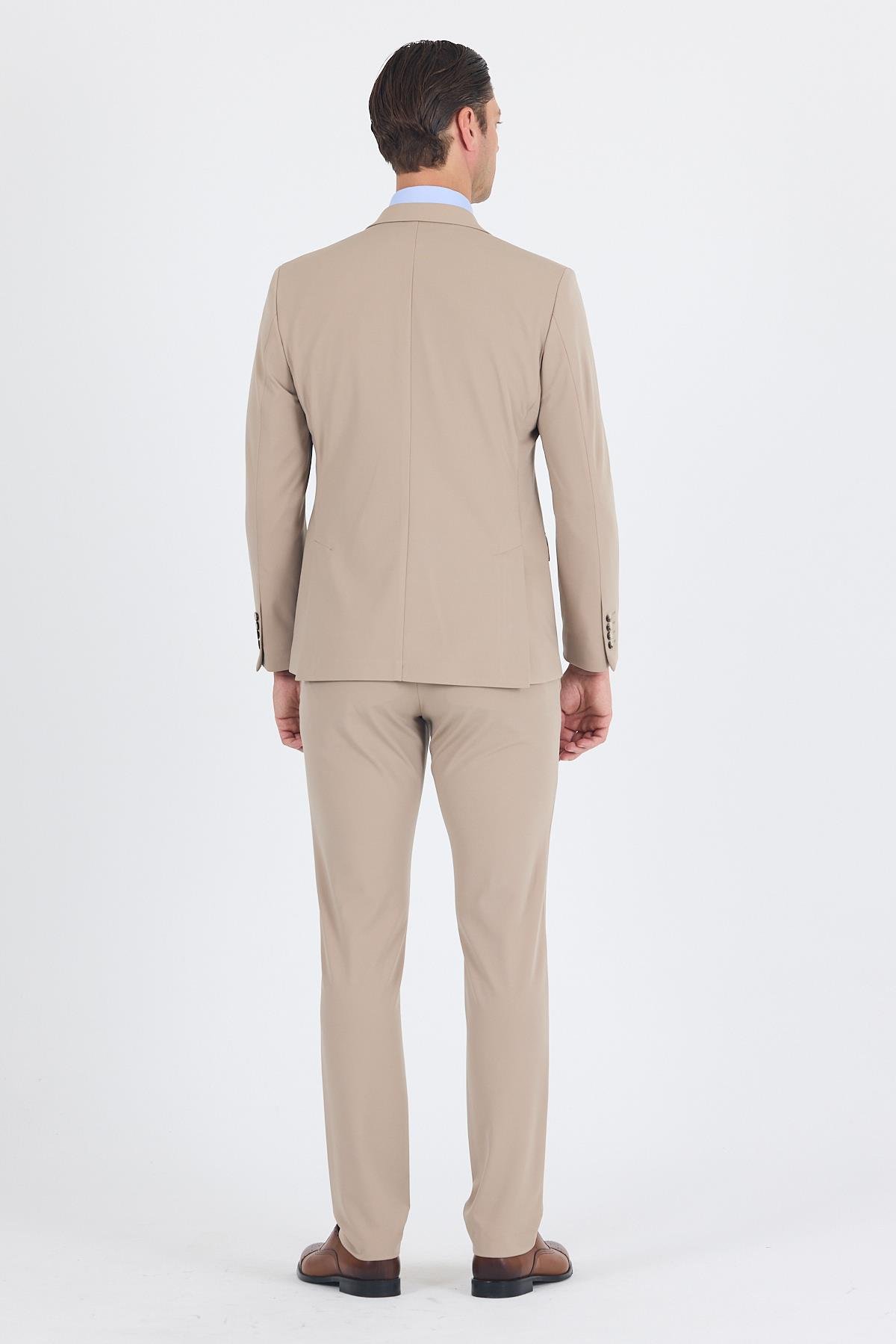 İMZA Koyu Bej Kırlangıç Yaka Kelebek Astar 6 Drop Slim Fit Beli Lastikli Takım Elbise 1001250176 görsel 5