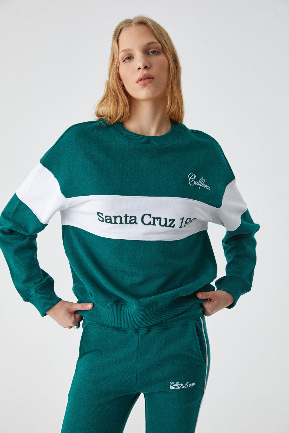 ETHIQUET NINOSKA Kadın Oversize Bisiklet Yaka YEŞİL-BEYAZ Sweatshirt görsel 3