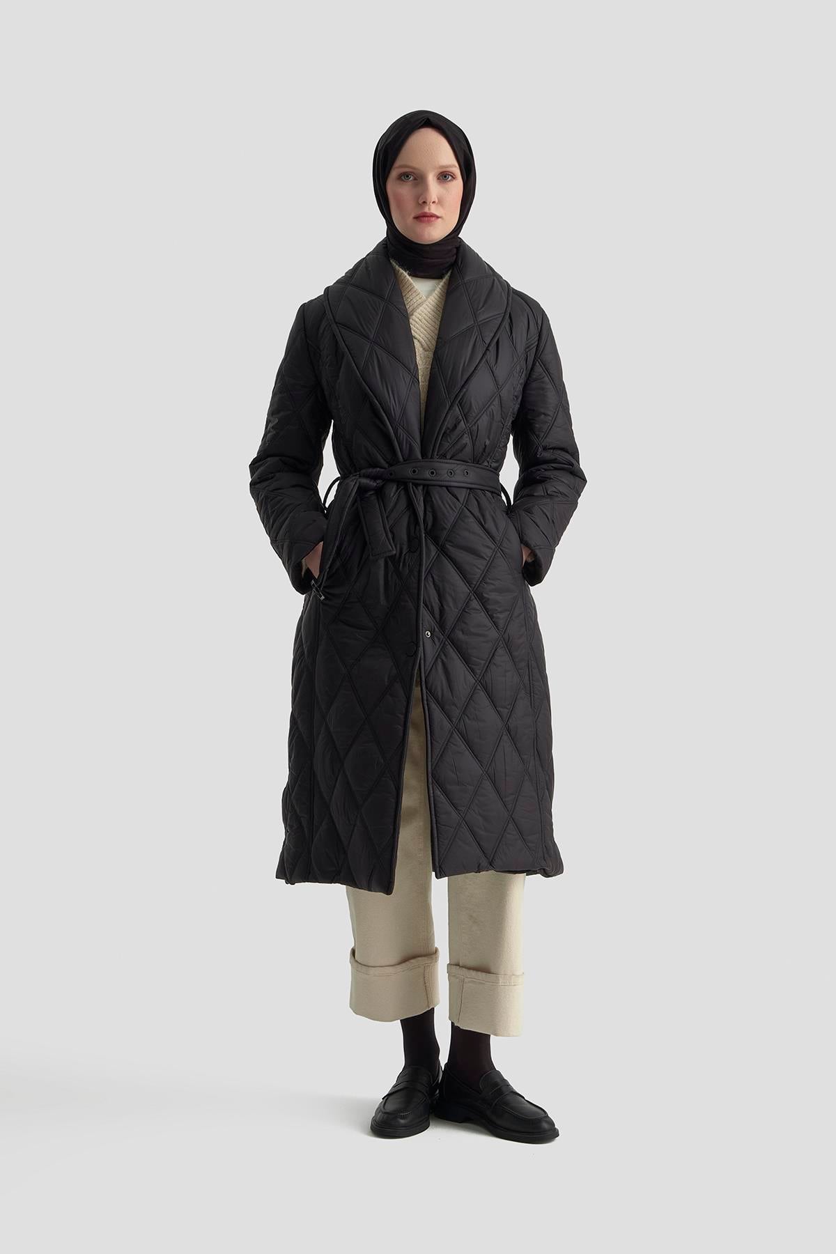 ARMİNE Şal Yaka Kapitone Kaban 25Kd2201 Siyah görsel 4