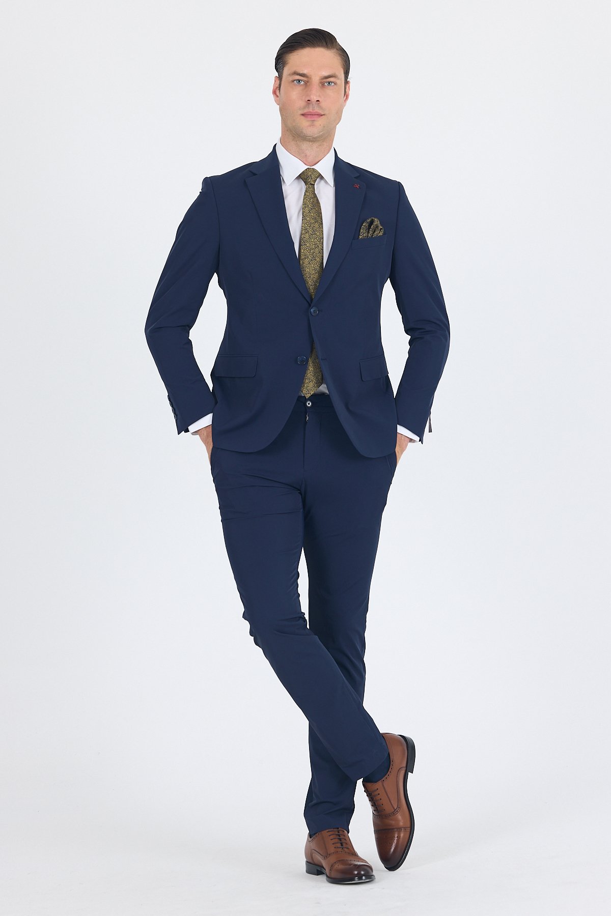 İMZA Lacivert Mono Yaka Yarım Astar 6 Drop Slim Fit Beli Lastikli Takım Elbise 1001250121