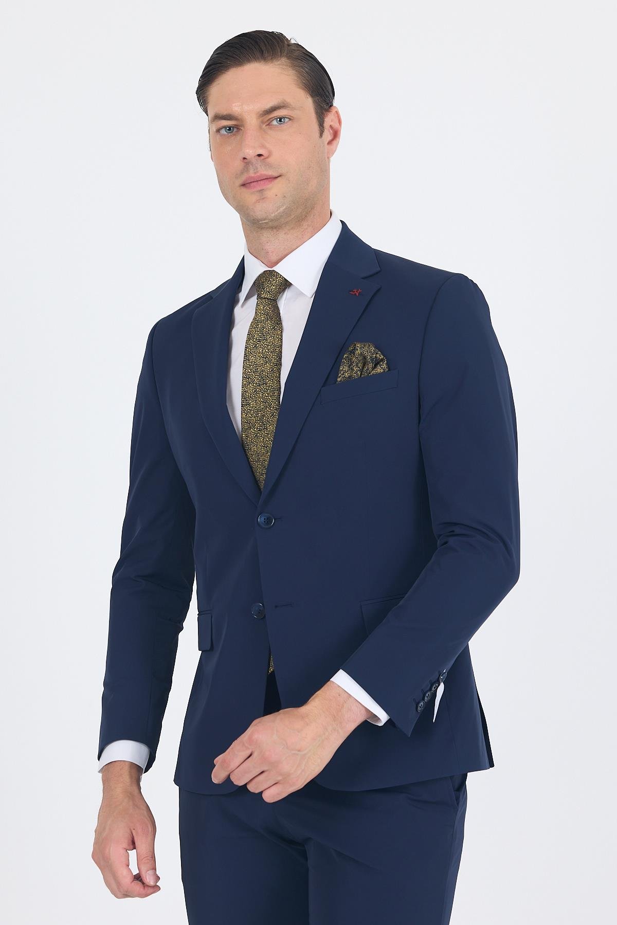 İMZA Lacivert Mono Yaka Yarım Astar 6 Drop Slim Fit Beli Lastikli Takım Elbise 1001250121 görsel 2