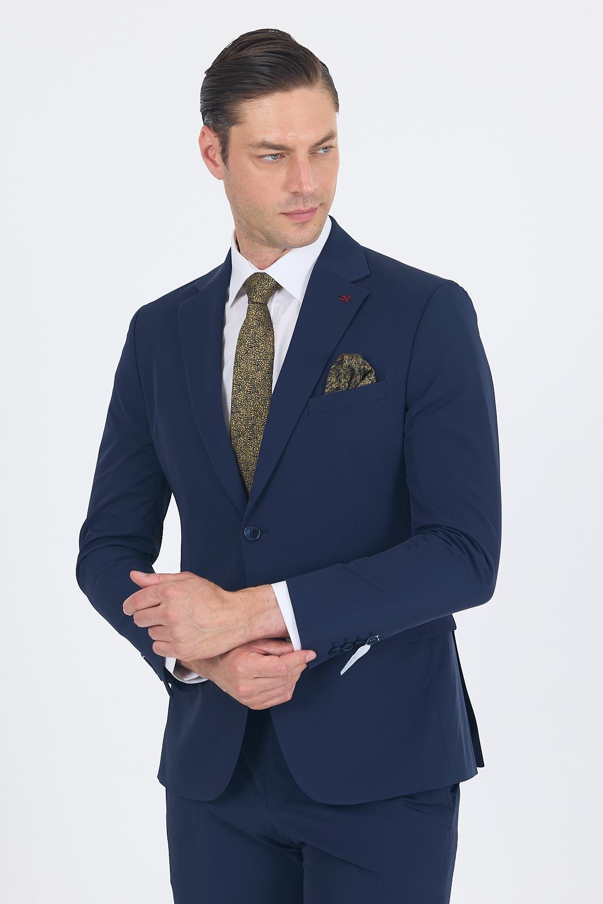 İMZA Lacivert Mono Yaka Yarım Astar 6 Drop Slim Fit Beli Lastikli Takım Elbise 1001250121 görsel 3