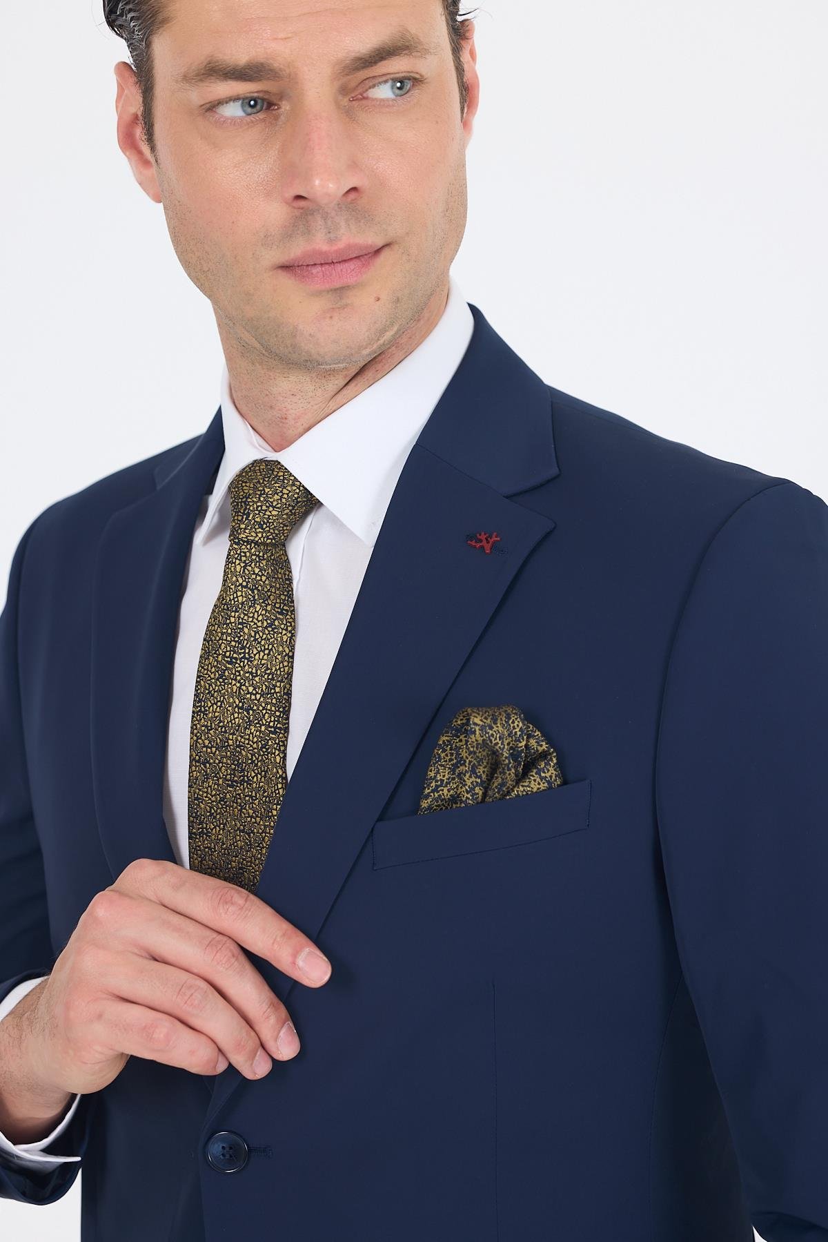 İMZA Lacivert Mono Yaka Yarım Astar 6 Drop Slim Fit Beli Lastikli Takım Elbise 1001250121 görsel 4