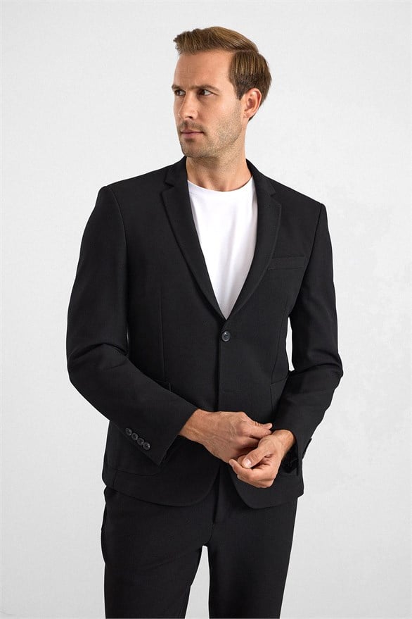 Süvari Siyah Slim Mono Yaka Düz Torba Cep 6 Drop Takım Elbise