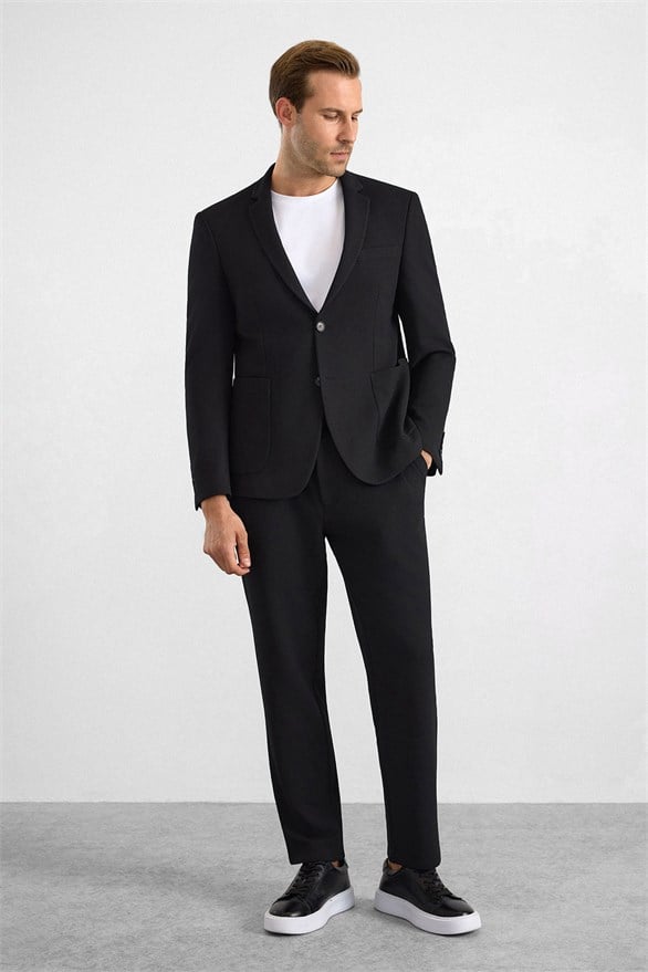 Süvari Siyah Slim Mono Yaka Düz Torba Cep 6 Drop Takım Elbise görsel 3