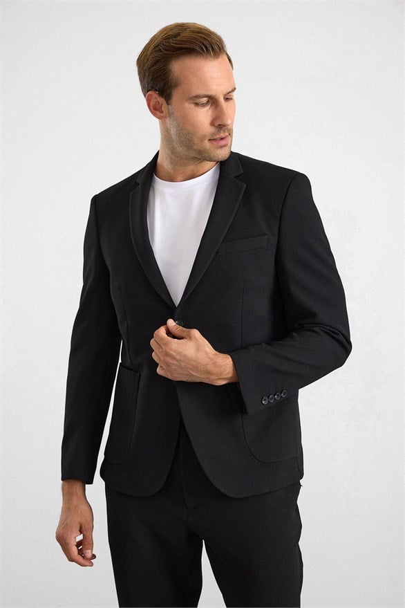 Süvari Siyah Slim Mono Yaka Düz Torba Cep 6 Drop Takım Elbise görsel 4