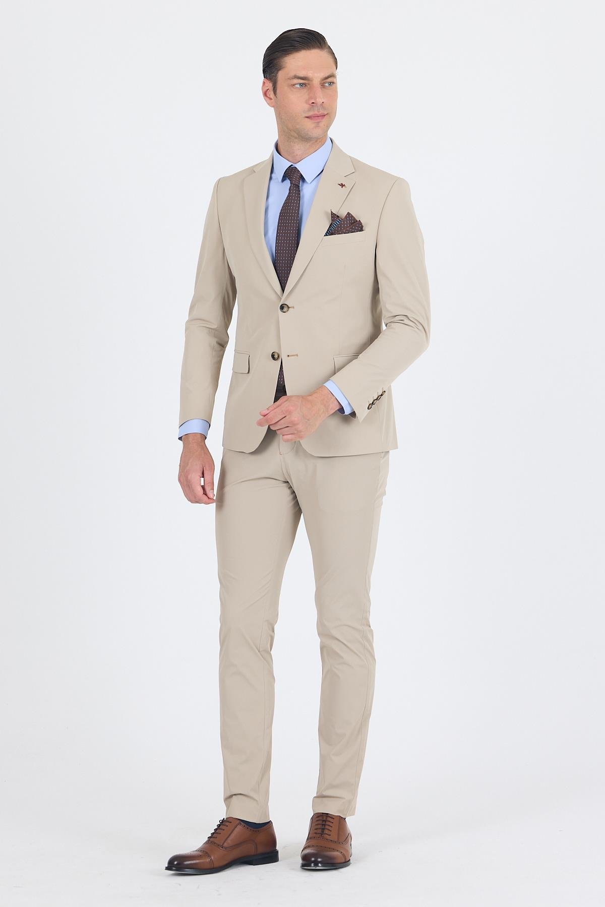 İMZA Bej Mono Yaka Yarım Astar 6 Drop Slim Fit Beli Lastikli Takım Elbise 1001250121