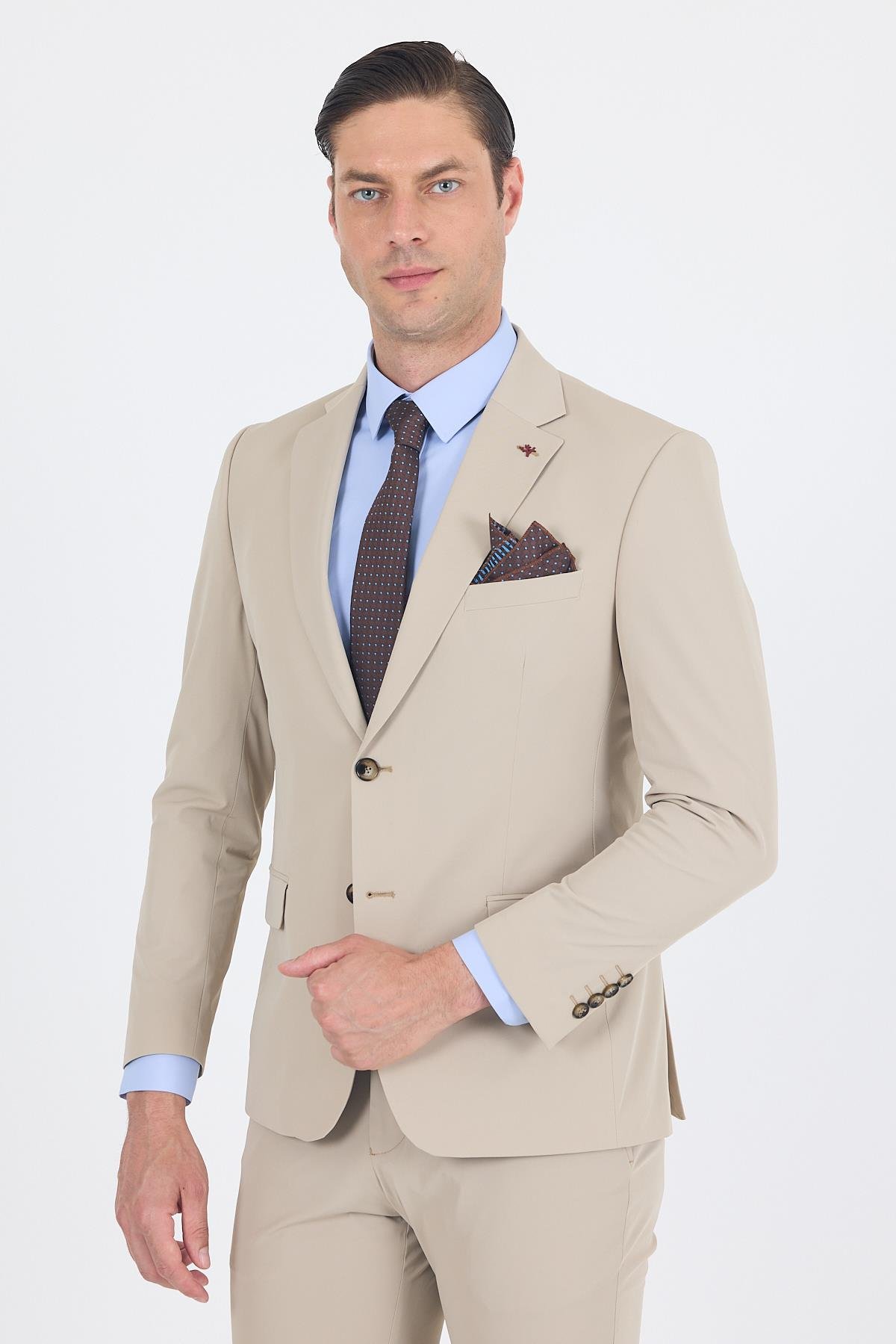İMZA Bej Mono Yaka Yarım Astar 6 Drop Slim Fit Beli Lastikli Takım Elbise 1001250121 görsel 2