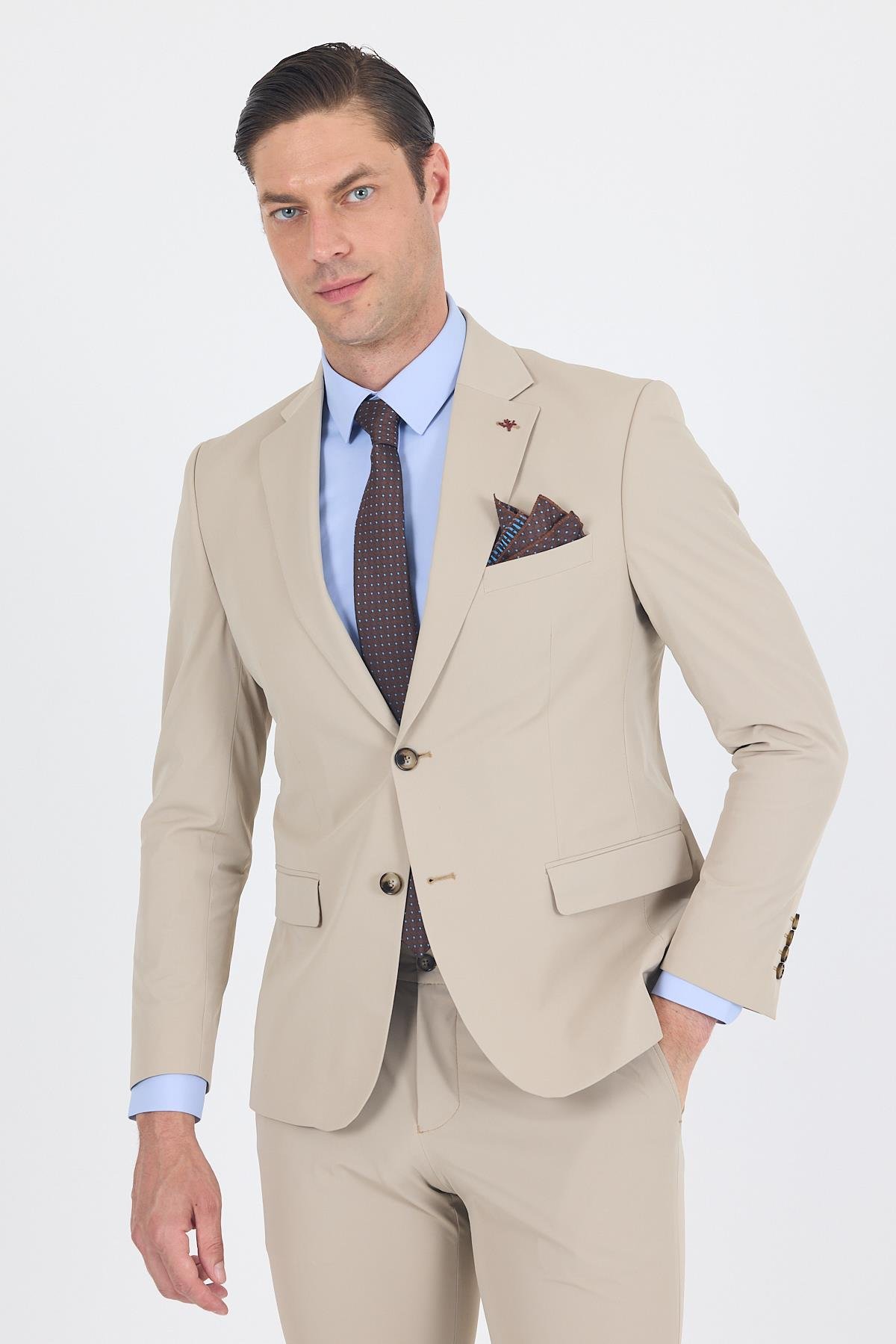 İMZA Bej Mono Yaka Yarım Astar 6 Drop Slim Fit Beli Lastikli Takım Elbise 1001250121 görsel 3
