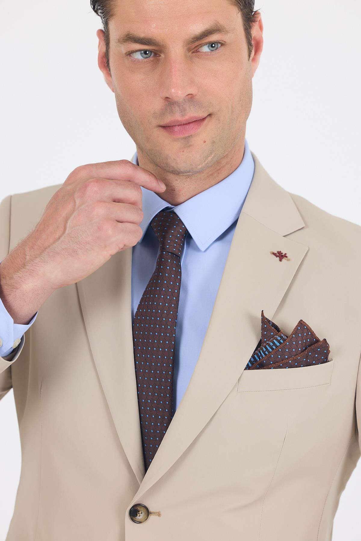 İMZA Bej Mono Yaka Yarım Astar 6 Drop Slim Fit Beli Lastikli Takım Elbise 1001250121 görsel 4