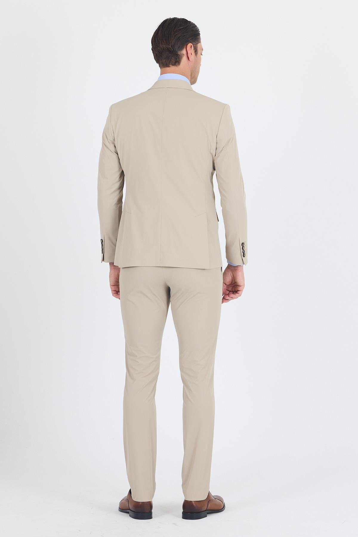 İMZA Bej Mono Yaka Yarım Astar 6 Drop Slim Fit Beli Lastikli Takım Elbise 1001250121 görsel 5