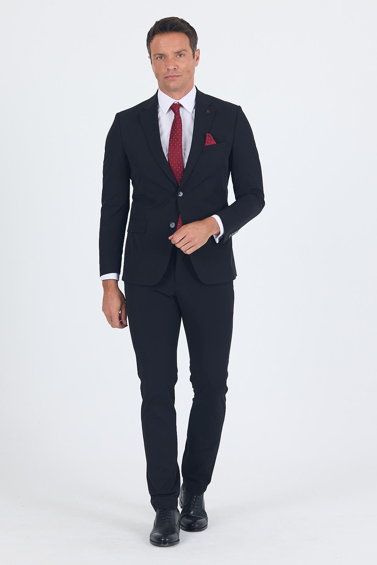 İMZA Siyah Mono Yaka Yarım Astar 6 Drop Slim Fit Beli Lastikli Takım Elbise 1001250121 görsel 2