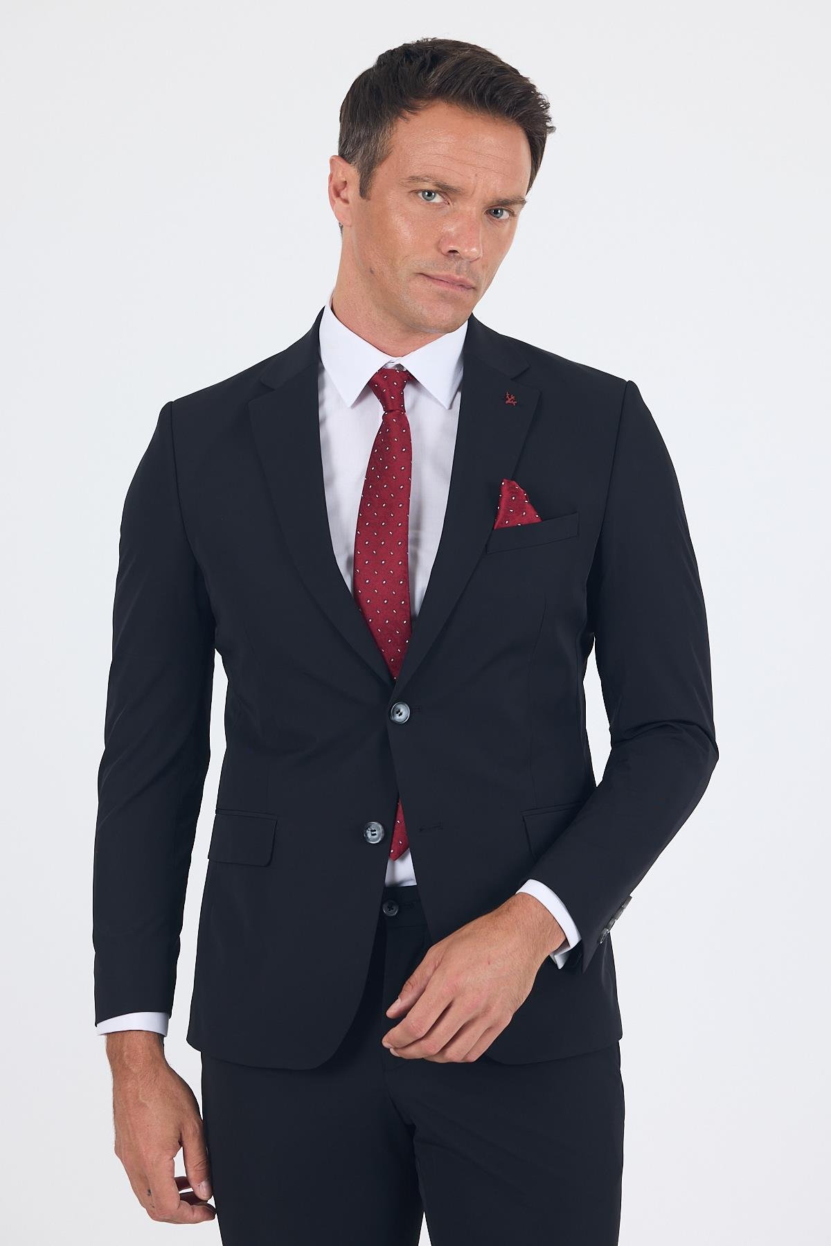 İMZA Siyah Mono Yaka Yarım Astar 6 Drop Slim Fit Beli Lastikli Takım Elbise 1001250121 görsel 3