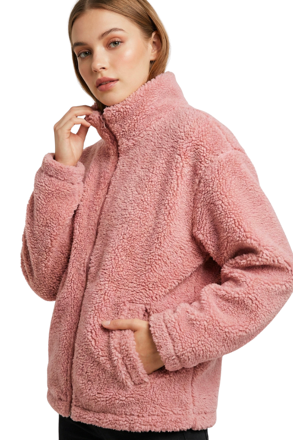 Genius Store Kadın Pelüş Tam Fermuarlı Cepli Sherpa Kuzu Kumaş Oversize Pelüş Polar Sweatshirt