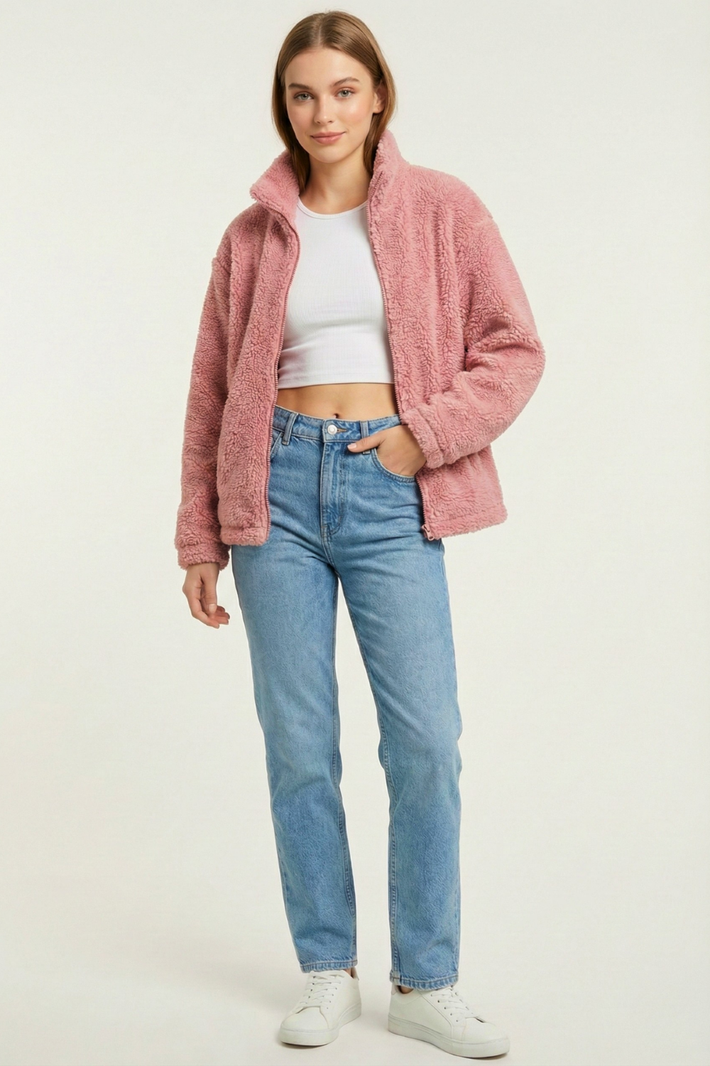 Genius Store Kadın Pelüş Tam Fermuarlı Cepli Sherpa Kuzu Kumaş Oversize Pelüş Polar Sweatshirt görsel 2