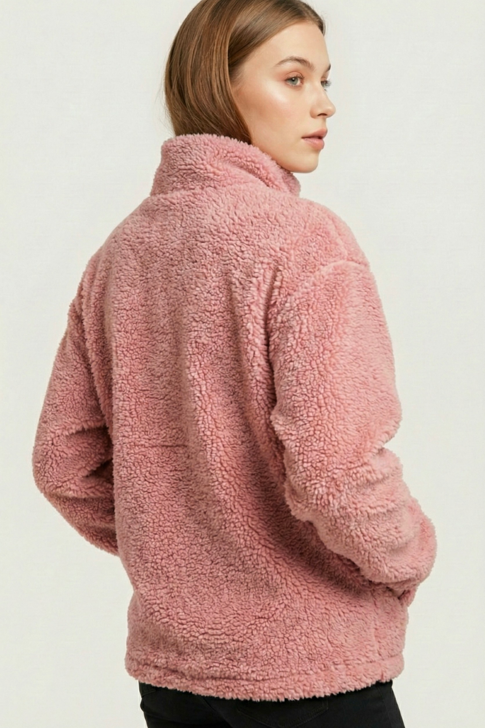 Genius Store Kadın Pelüş Tam Fermuarlı Cepli Sherpa Kuzu Kumaş Oversize Pelüş Polar Sweatshirt görsel 4