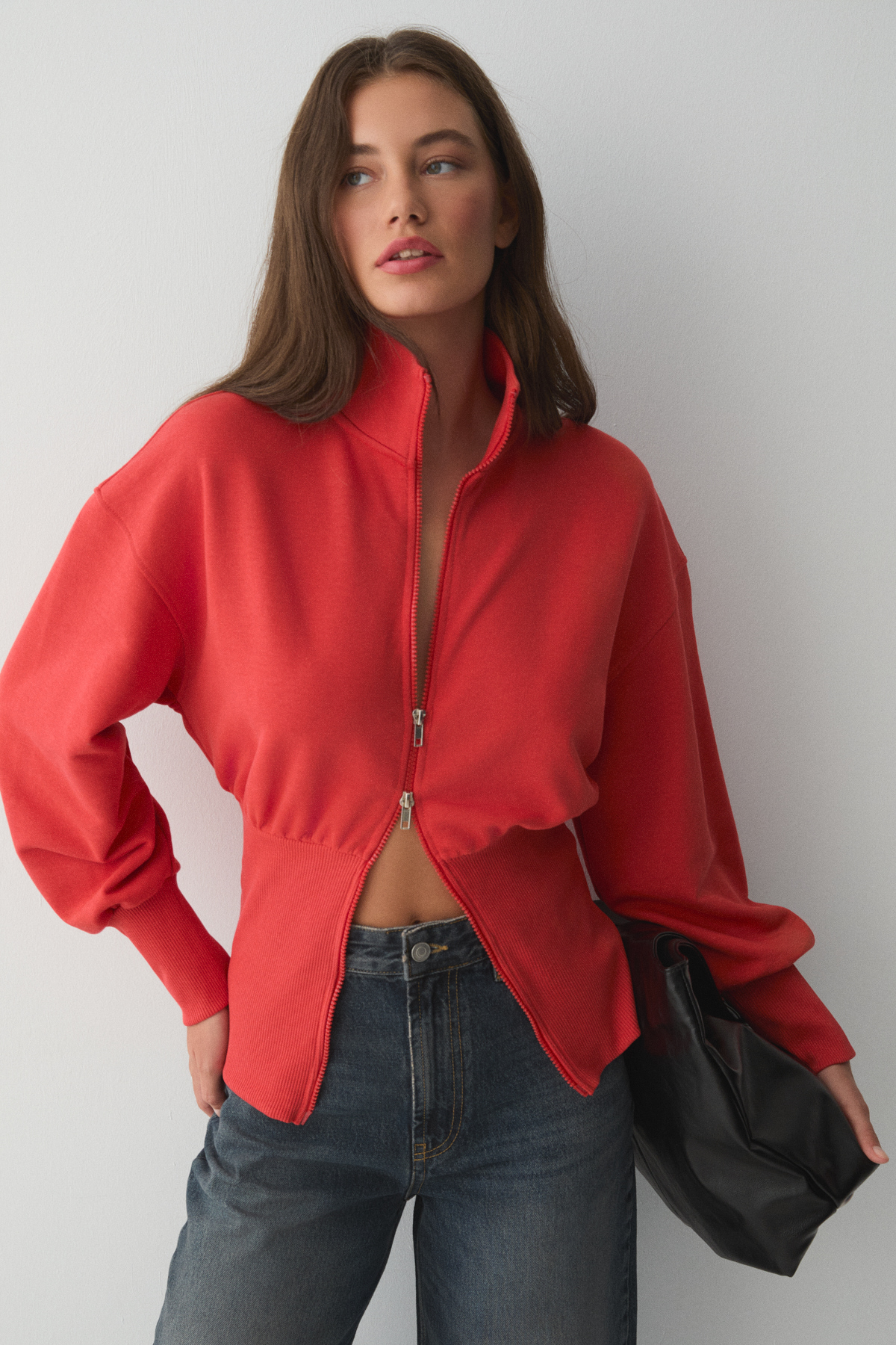 ETHIQUET VIVALDI Kadın Organik Pamuklu Beli Korseli Fermuarlı KIRMIZI Sweatshirt görsel 3