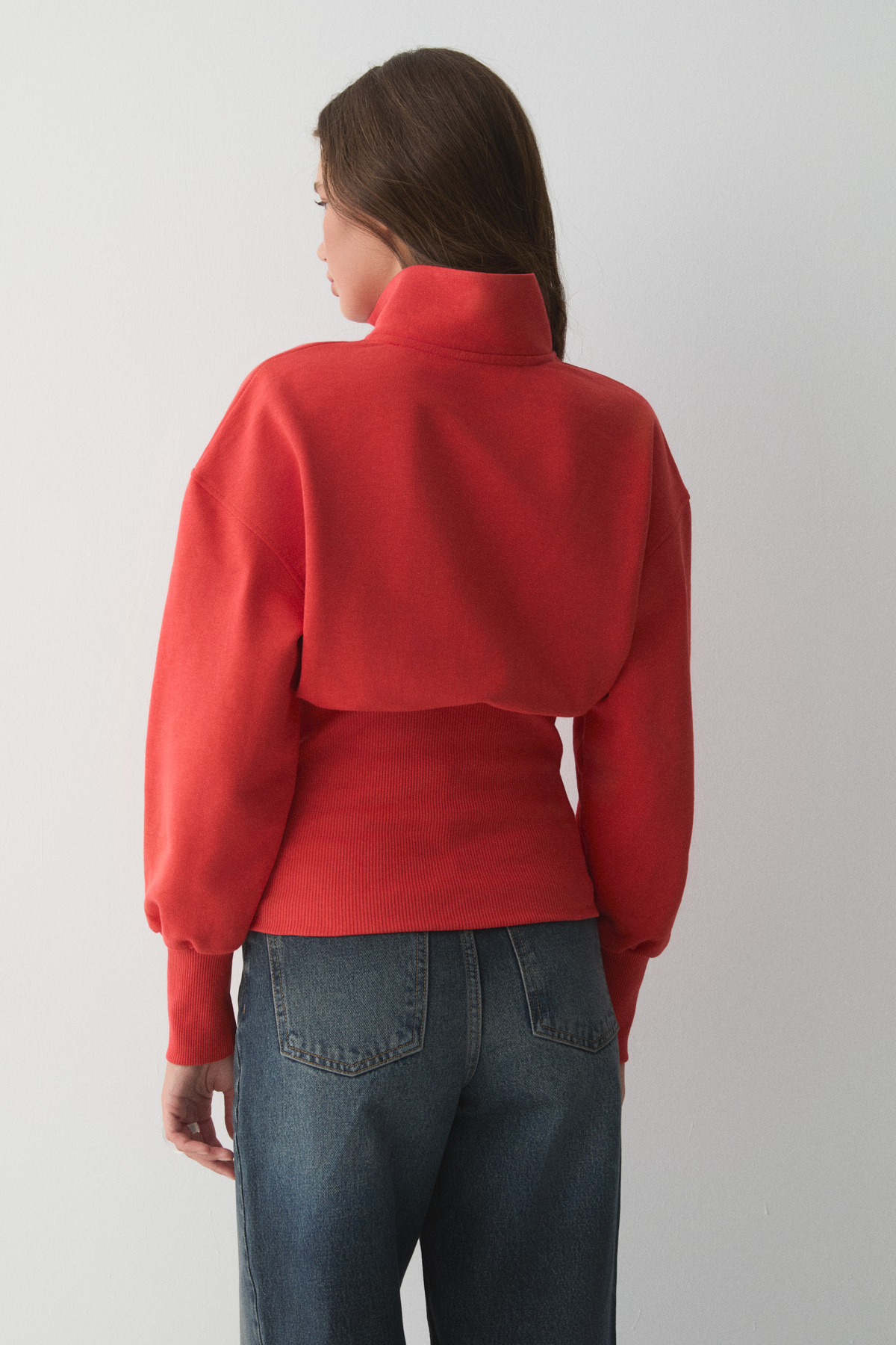 ETHIQUET VIVALDI Kadın Organik Pamuklu Beli Korseli Fermuarlı KIRMIZI Sweatshirt görsel 6
