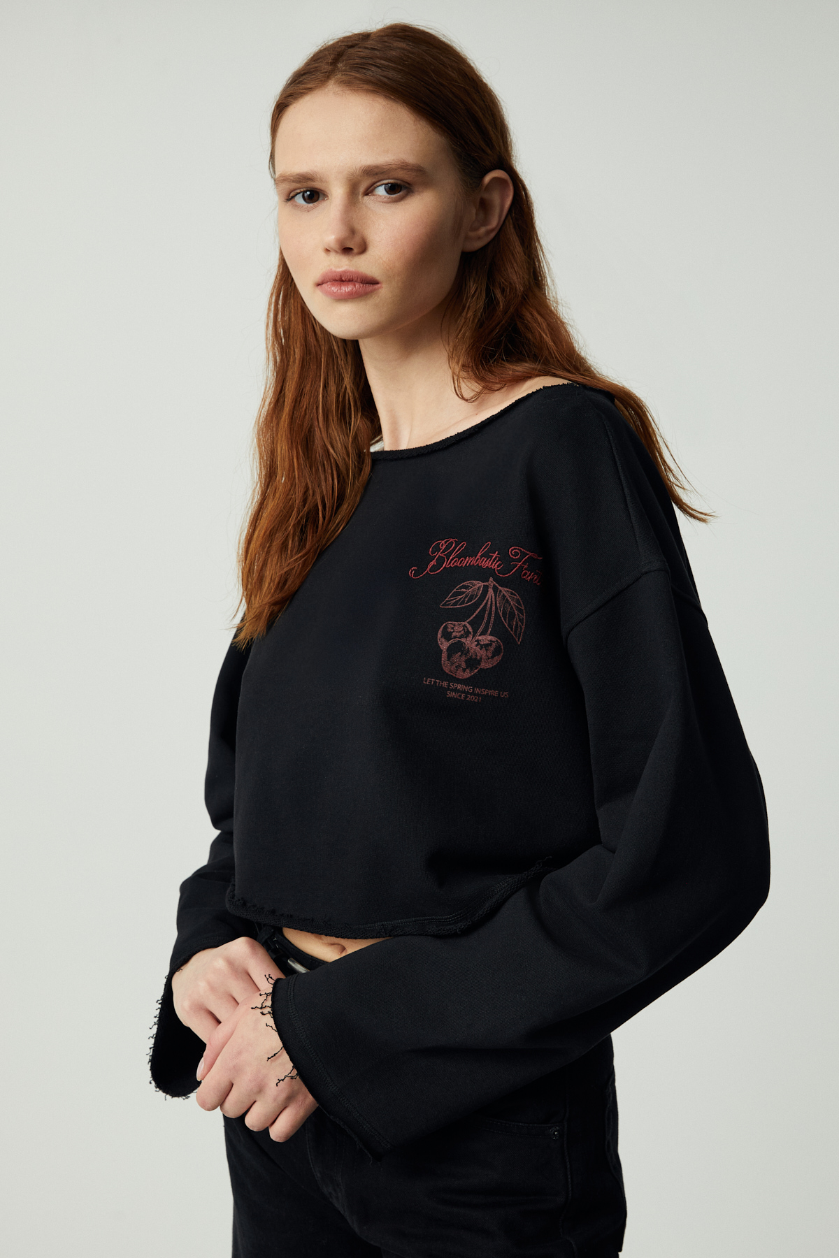 ETHIQUET CARIBOU Kadın Asimetrik Yakalı Şardonsuz Tek Omzu Açık Baskılı SİYAH Sweatshirt görsel 5