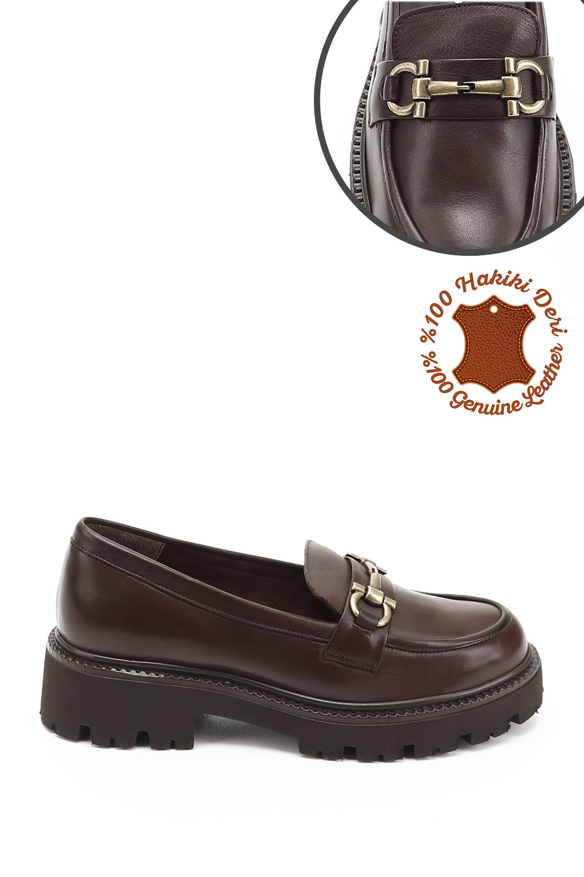 GÖNDERİ(R) Kadın ORTA KAHVERENGİ Kalın Topuklu Tokalı Hakiki Deri Loafer Ayakkabı