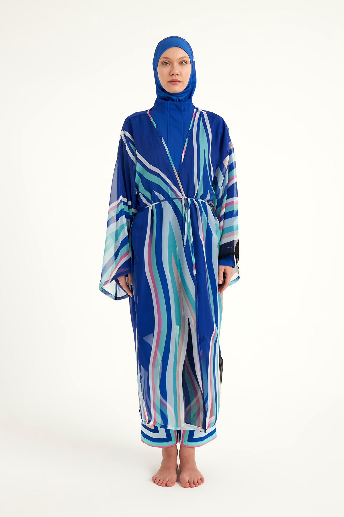 Marina Renkli Desenli İpeksi Kimono - Hafif Dokulu, Tam Boy Pareo P2503-2 görsel 5