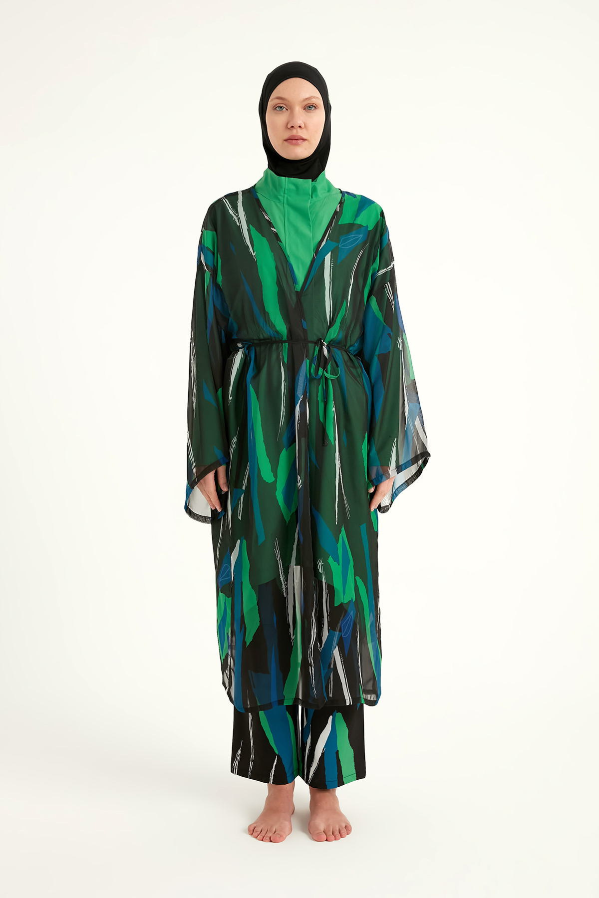 Marina Renkli Desenli İpeksi Kimono - Hafif Dokulu, Tam Boy Pareo P2503-1 görsel 5
