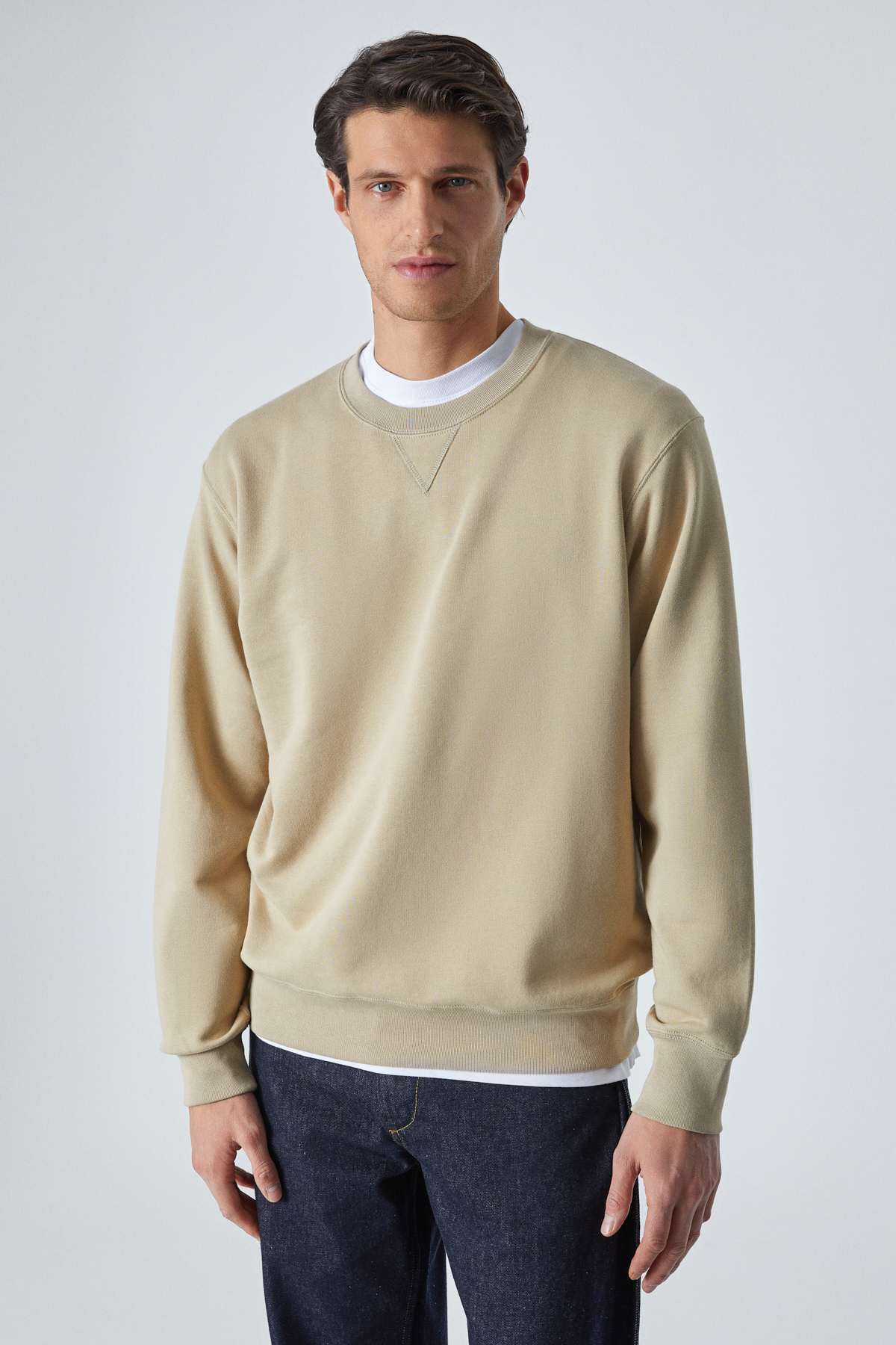 GRIMELANGE Erkek %100 Pamuk Relaxed Bisiklet Yaka Uzun Kollu VİZON Sweatshirt