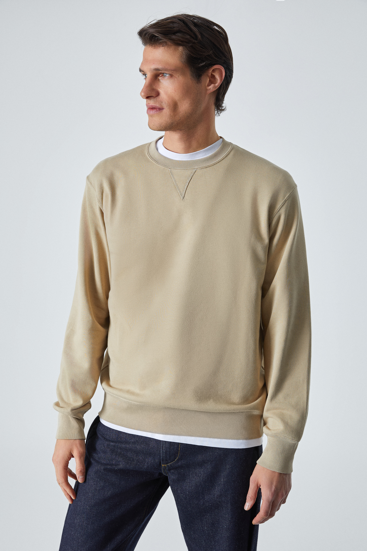 GRIMELANGE Erkek %100 Pamuk Relaxed Bisiklet Yaka Uzun Kollu VİZON Sweatshirt görsel 3