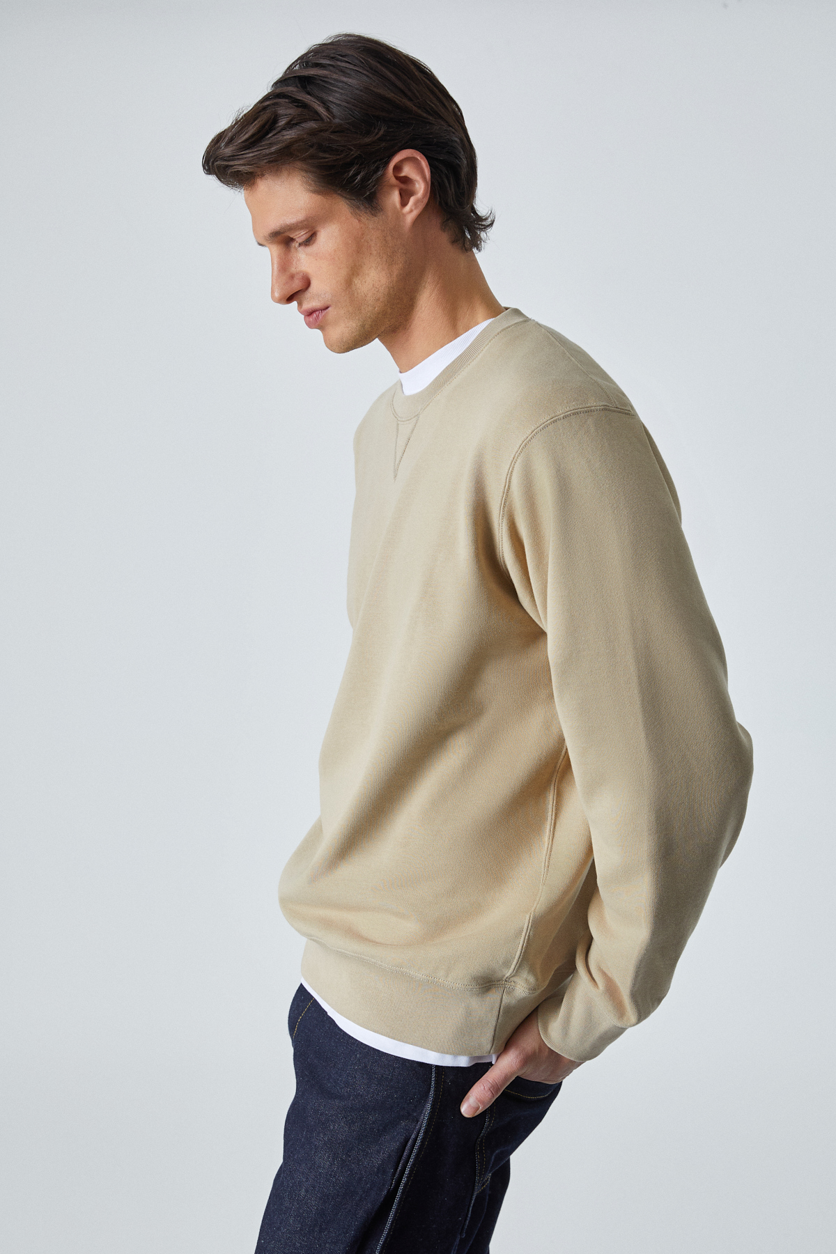 GRIMELANGE Erkek %100 Pamuk Relaxed Bisiklet Yaka Uzun Kollu VİZON Sweatshirt görsel 4