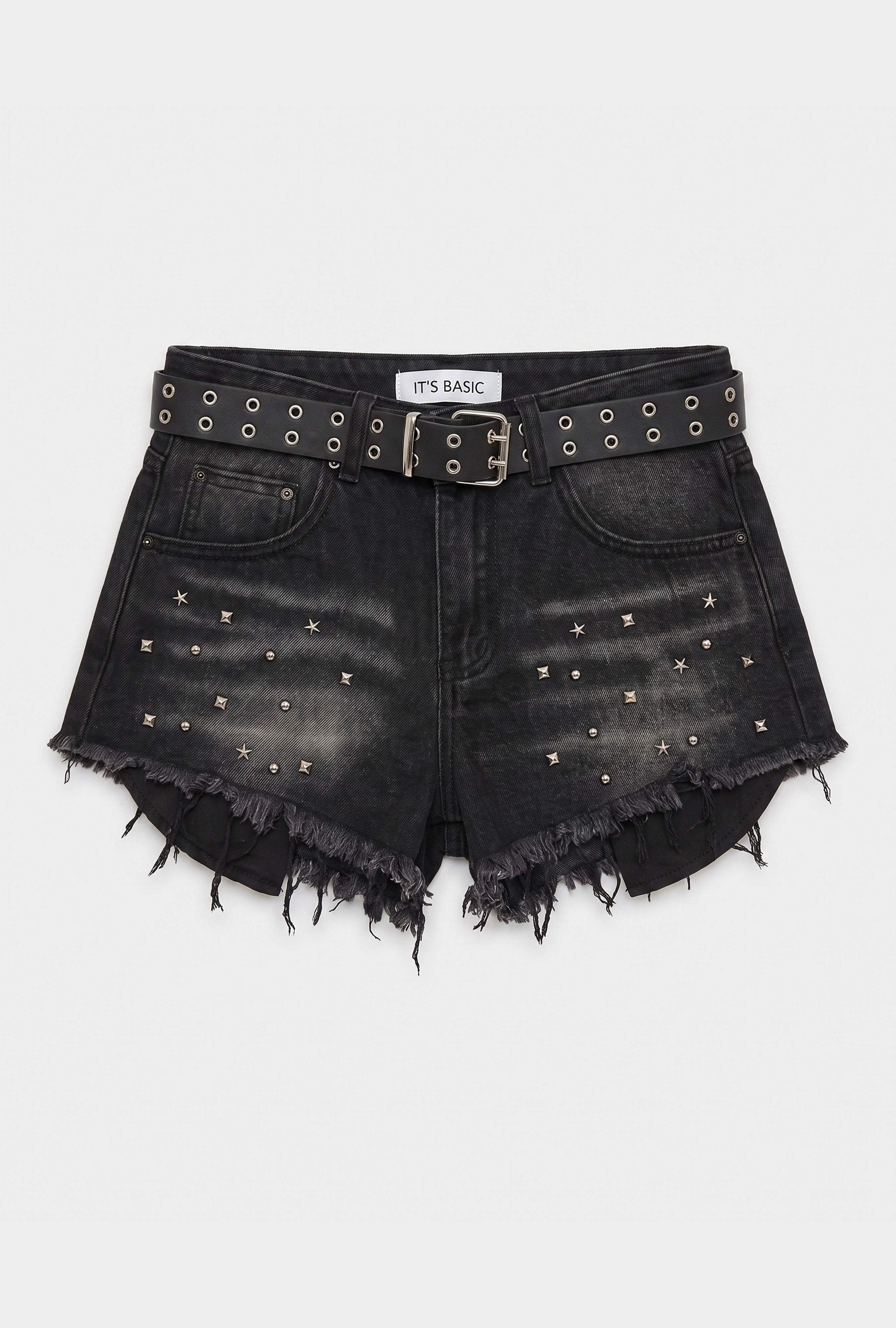It's Basic Kadın Siyah Jean Rengi Droplu Kemerli Özel Tasarım Denim Şort