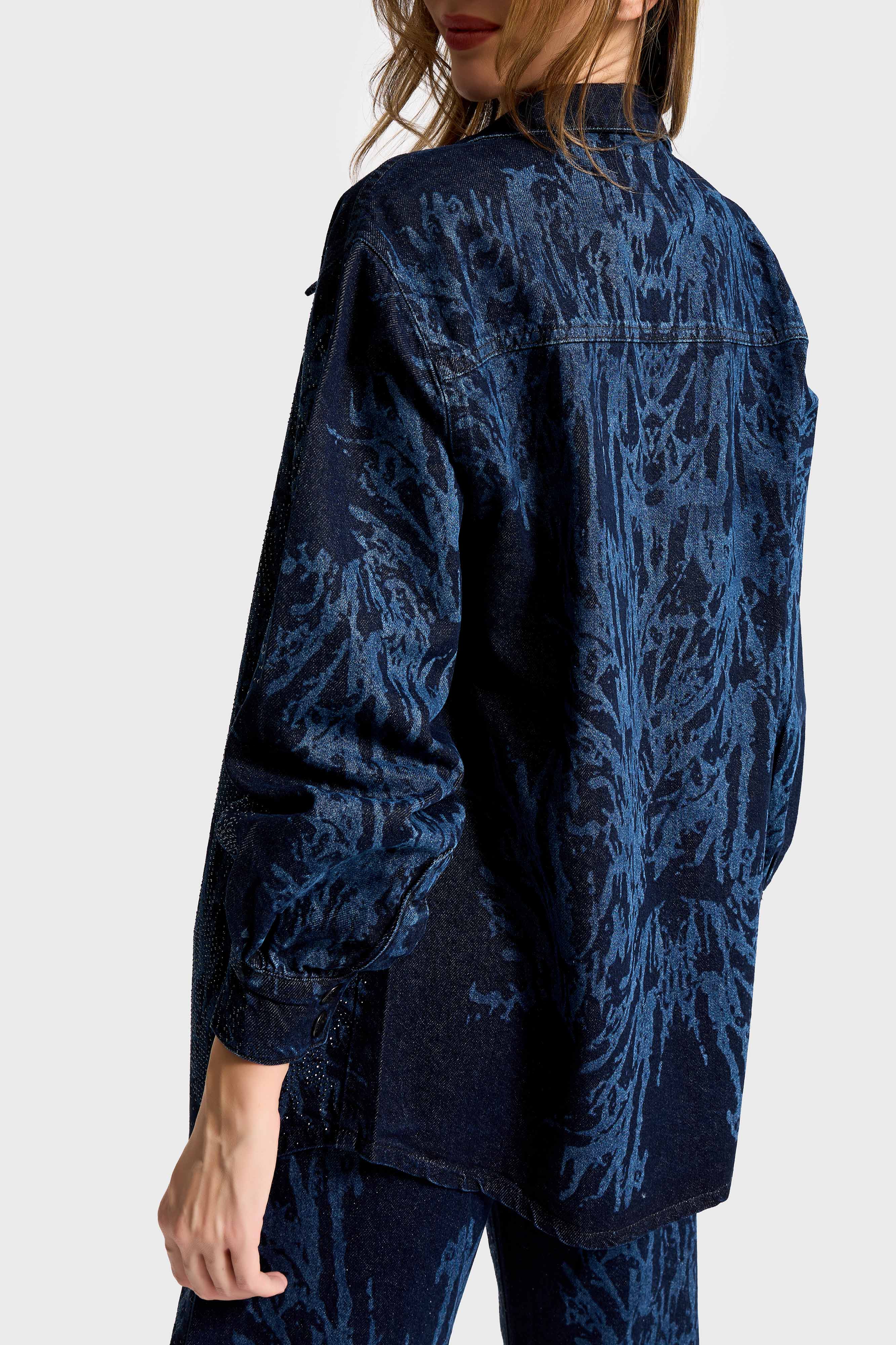 It's Basic Kadın Koyu Jean Rengi 9s6-5 Oversize Parlak Taş Desen Detaylı Özel Tasarım Denim Ceket görsel 2