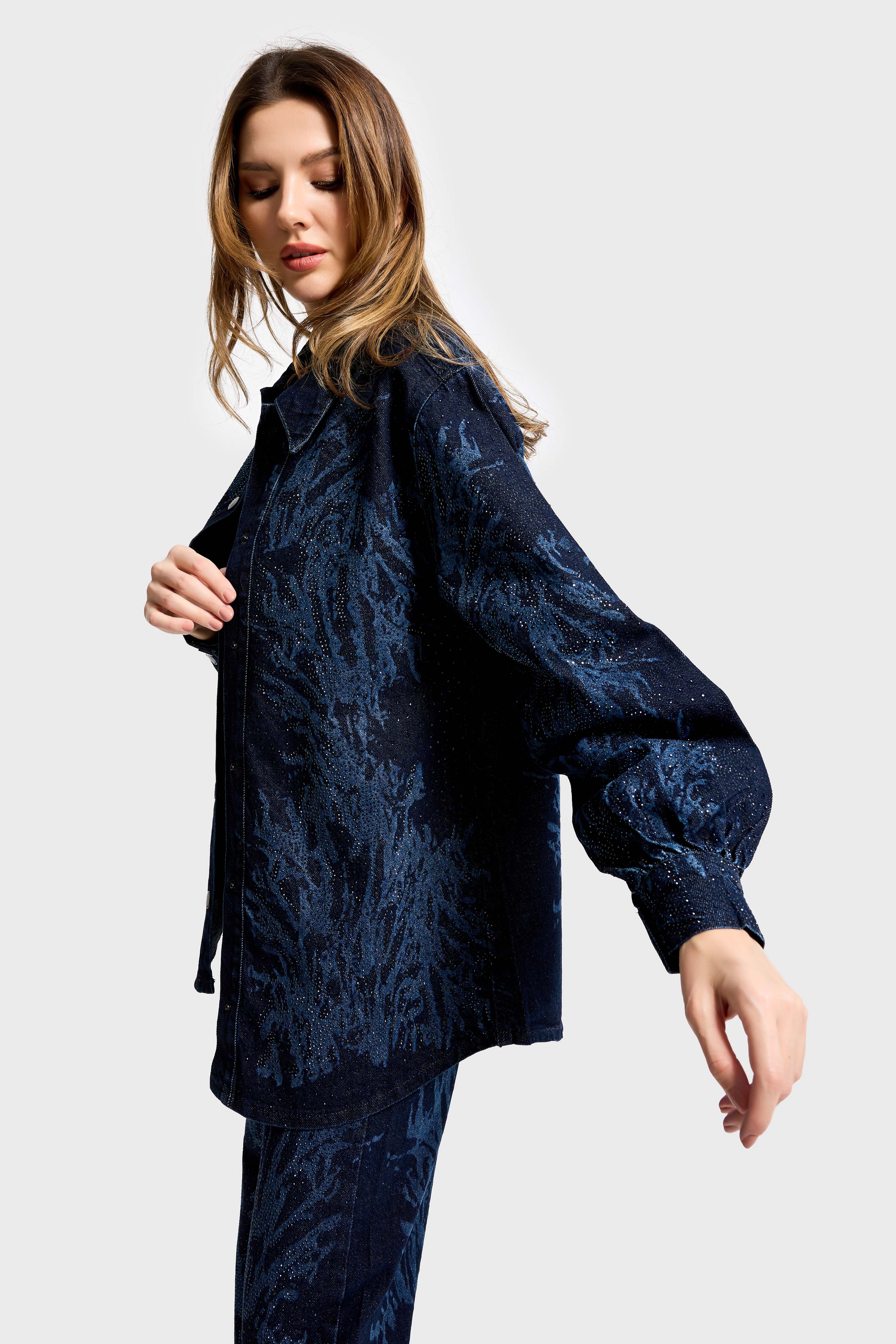 It's Basic Kadın Koyu Jean Rengi 9s6-5 Oversize Parlak Taş Desen Detaylı Özel Tasarım Denim Ceket görsel 3