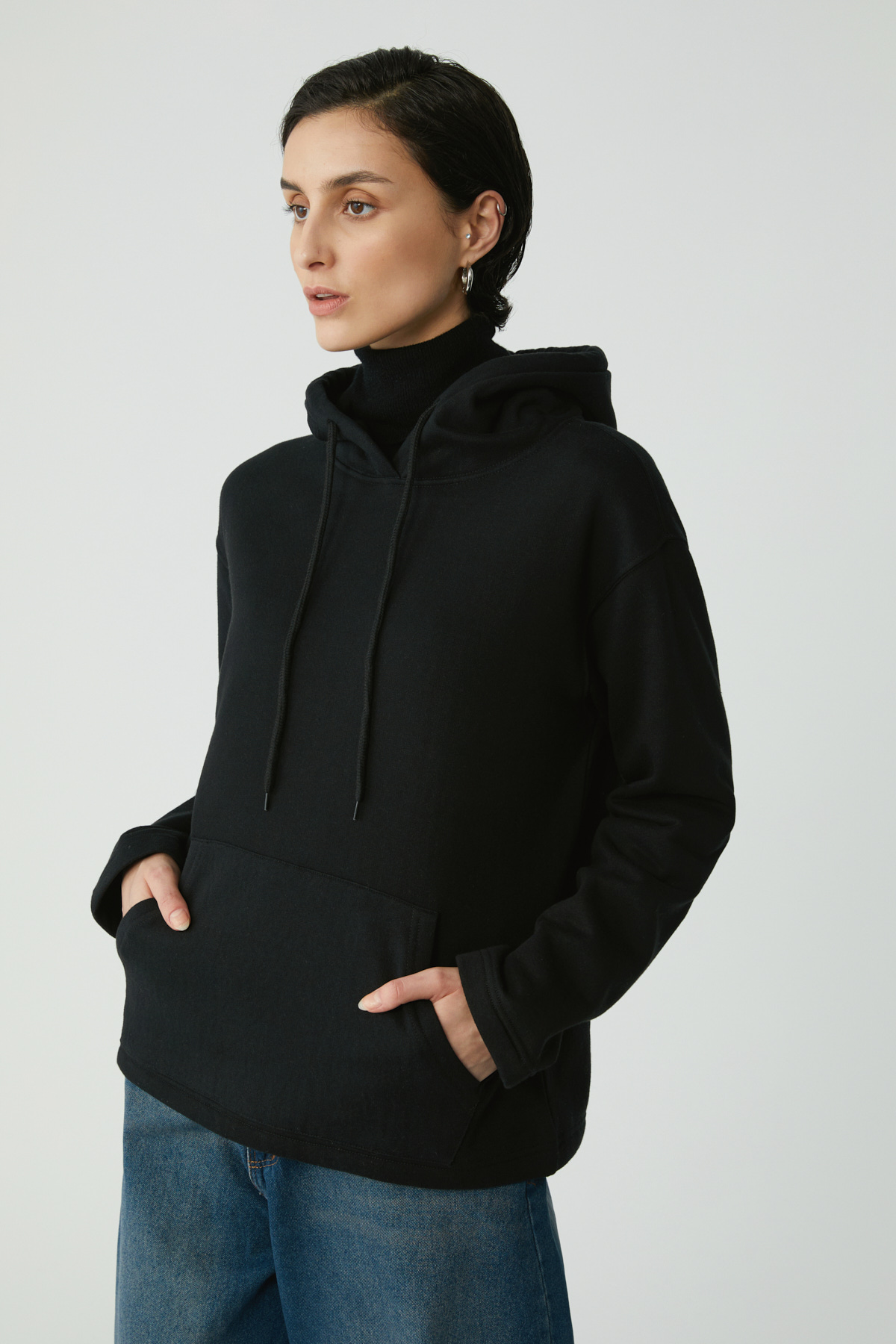 ETHIQUET PIPER Kadın Içi Polarlı Yumuşacık Comfort Fit Kapüşonlu Kanguru Cepli SİYAH Sweatshirt