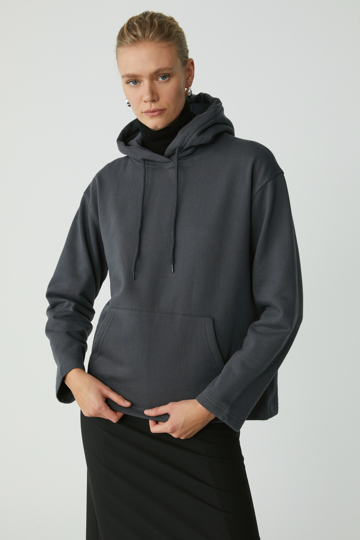 ETHIQUET PIPER Kadın Içi Polarlı Yumuşacık Comfort Fit Kapüşonlu Kanguru Cepli ANTRASİT Sweatshirt