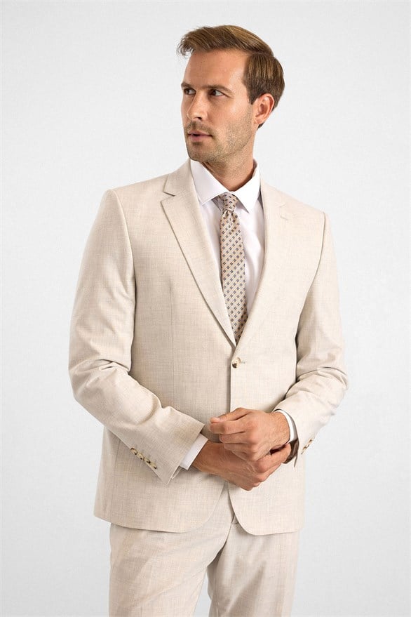 Süvari Bej Slim Mono Yaka Düz Torba Cep 6 Drop Takım Elbise görsel 3