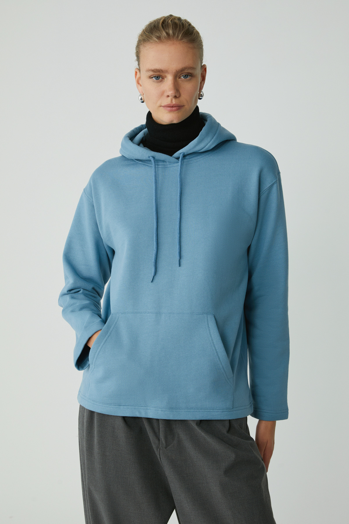ETHIQUET PIPER Kadın Içi Polarlı Yumuşacık Comfort Fit Kapüşonlu Kanguru Cepli MAVİ Sweatshirt