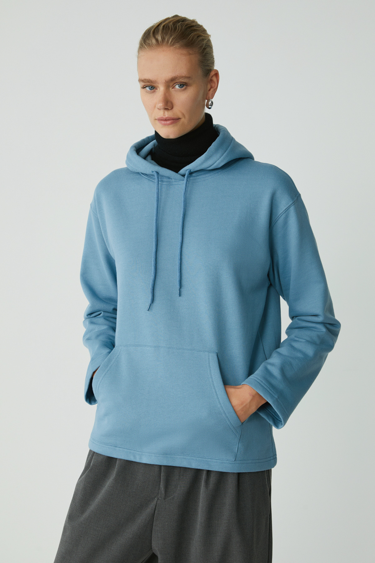 ETHIQUET PIPER Kadın Içi Polarlı Yumuşacık Comfort Fit Kapüşonlu Kanguru Cepli MAVİ Sweatshirt görsel 3