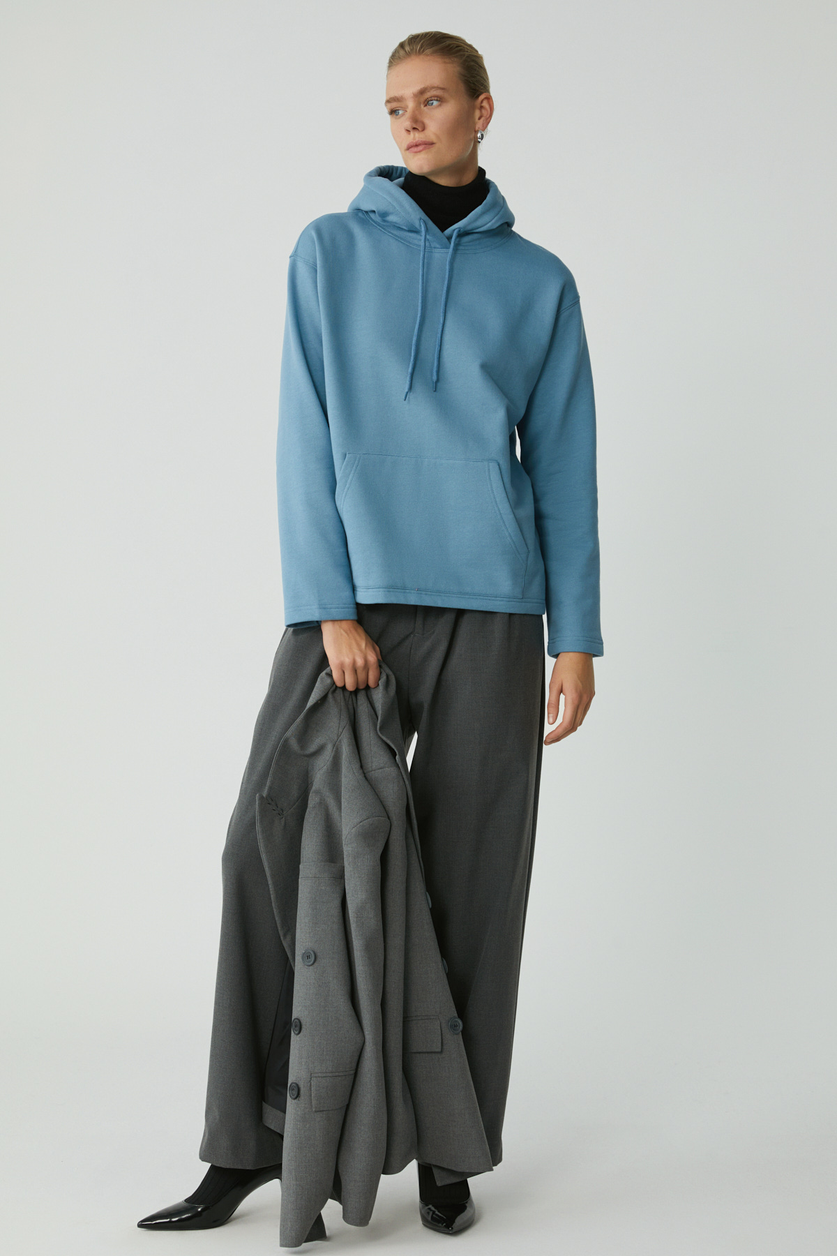 ETHIQUET PIPER Kadın Içi Polarlı Yumuşacık Comfort Fit Kapüşonlu Kanguru Cepli MAVİ Sweatshirt görsel 4