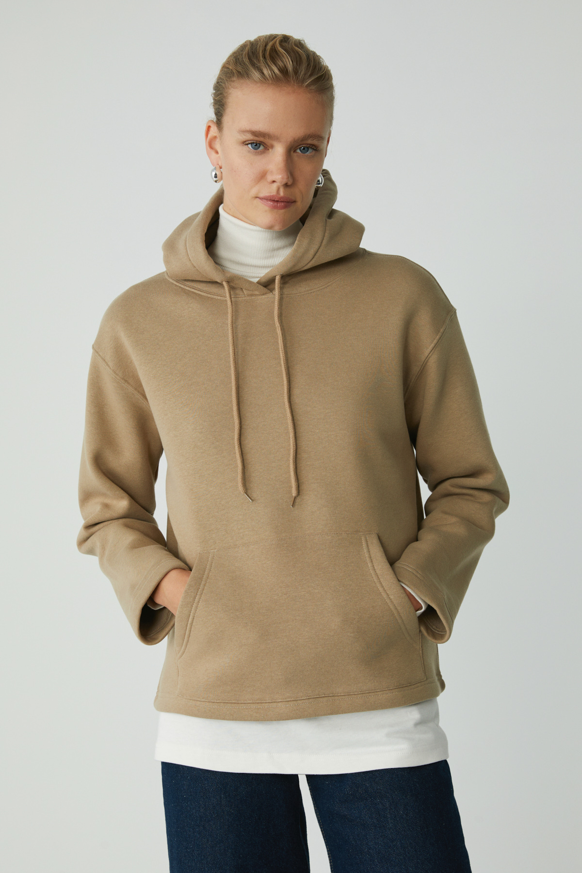 ETHIQUET PIPER Kadın Içi Polarlı Yumuşacık Comfort Fit Kapüşonlu Kanguru Cepli BEJ Sweatshirt