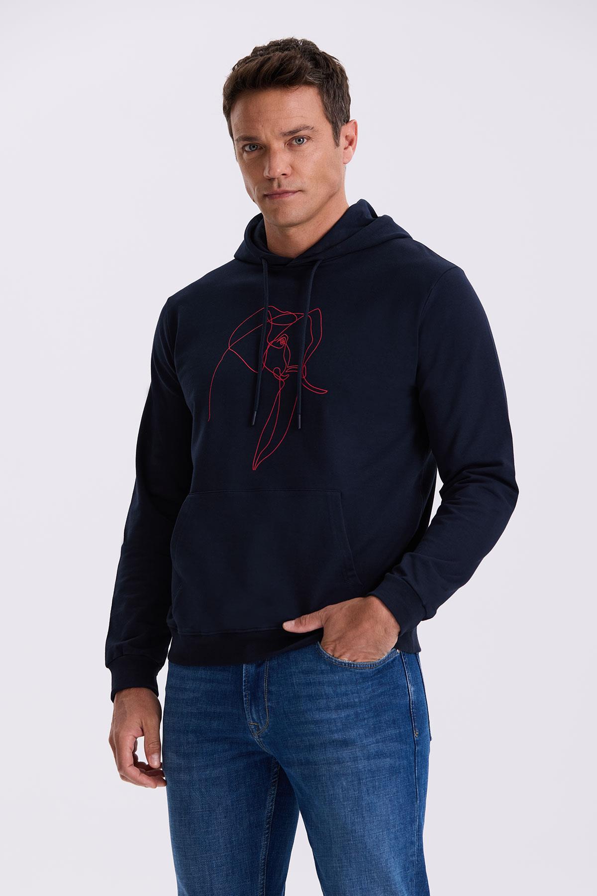 JAKAMEN Lacivert Slim Fit Kapüşonlu Baskılı %100 Pamuk Sweatshirt