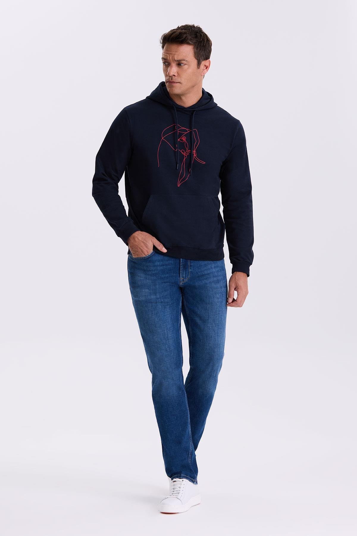 JAKAMEN Lacivert Slim Fit Kapüşonlu Baskılı %100 Pamuk Sweatshirt görsel 2