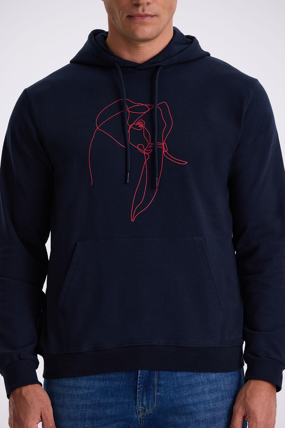 JAKAMEN Lacivert Slim Fit Kapüşonlu Baskılı %100 Pamuk Sweatshirt görsel 3