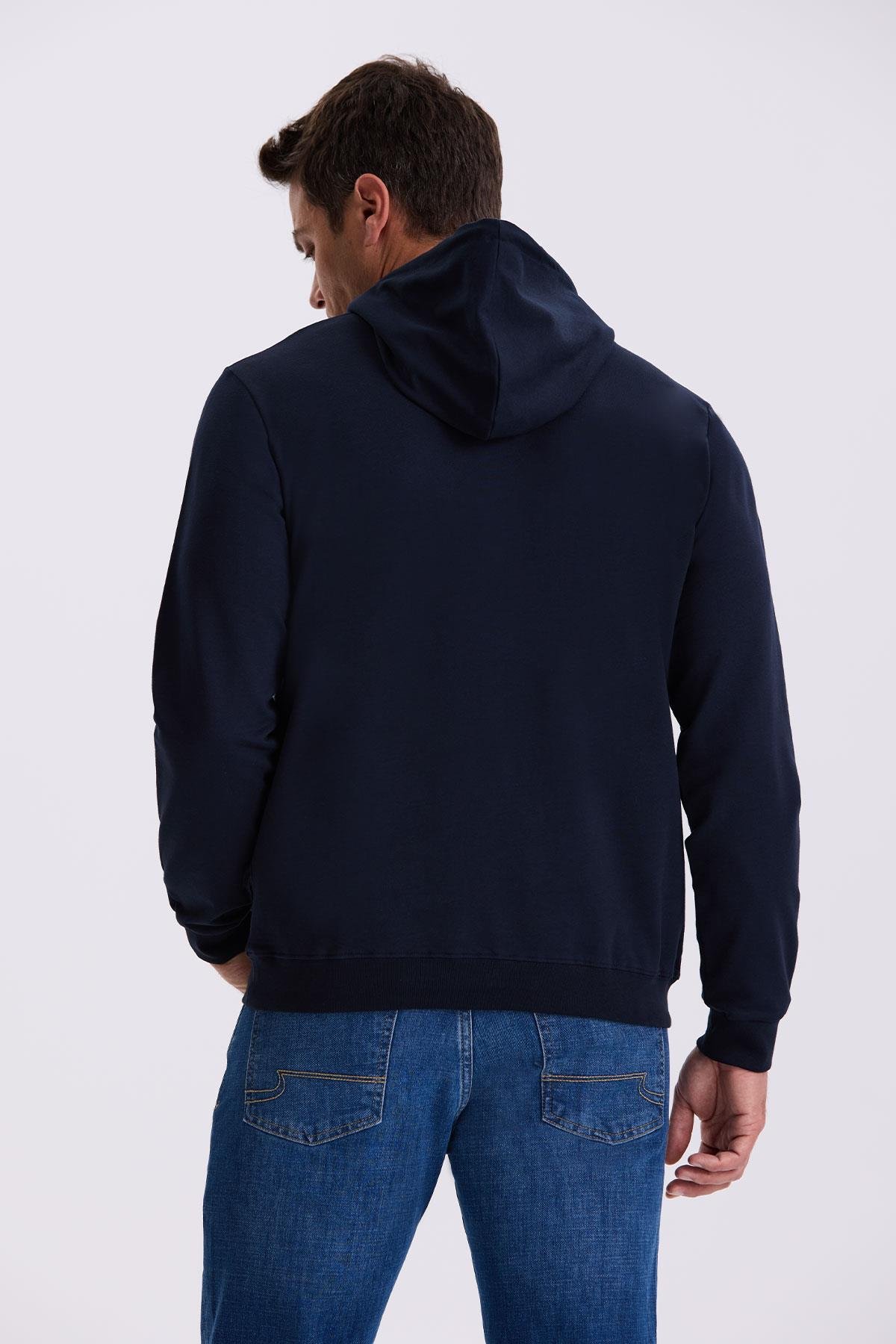 JAKAMEN Lacivert Slim Fit Kapüşonlu Baskılı %100 Pamuk Sweatshirt görsel 4