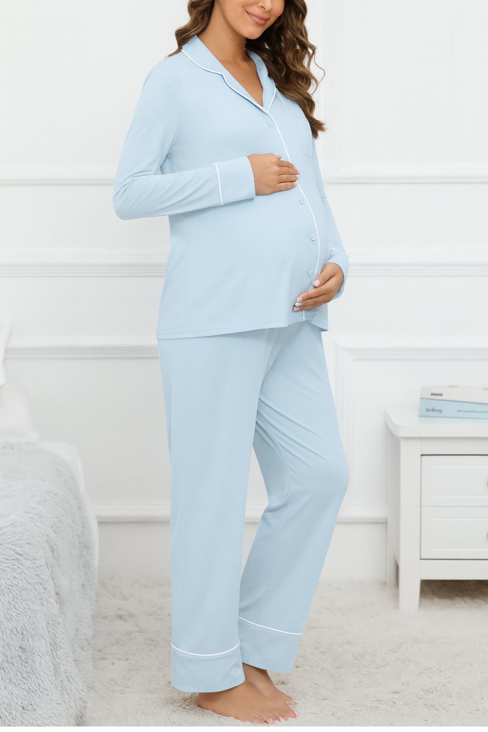 MİSS DÜNYA LİSSA Bebek Mavi Gömlek Yaka Önden Düğmeli Uzun Kol Rahat Form Hamile ve Lohusa Pijama Takımı