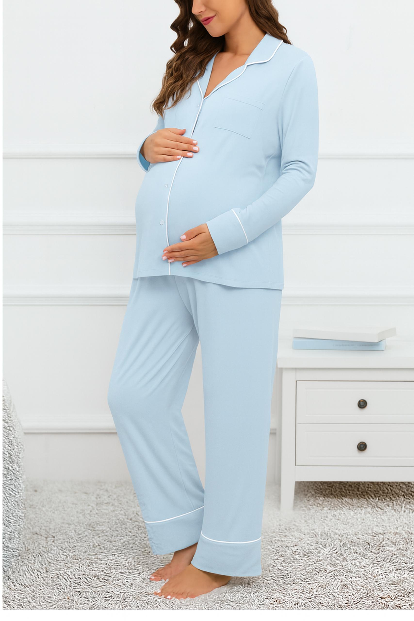 MİSS DÜNYA LİSSA Bebek Mavi Gömlek Yaka Önden Düğmeli Uzun Kol Rahat Form Hamile ve Lohusa Pijama Takımı görsel 4