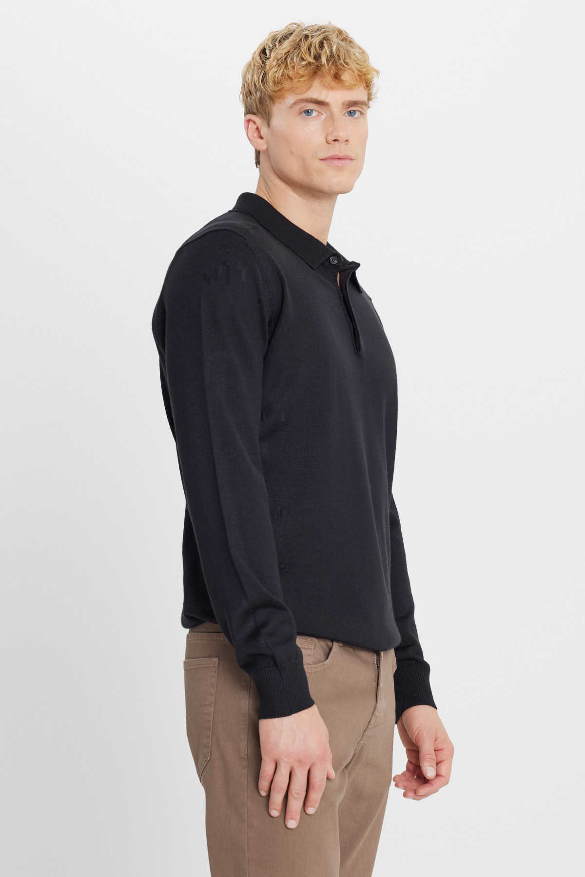 Altınyıldız Classics Erkek Siyah Yünlü Standart Fit Normal Kesim Polo Yaka Triko Kazak görsel 3